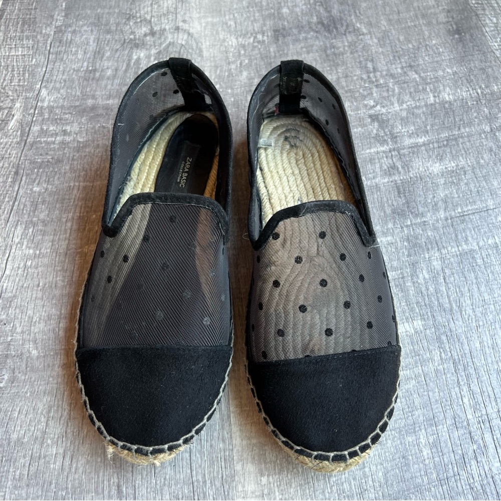 Zara Basic Womens Espadrilles Slip On Size 37 Black Solid Toe Netting Sides Comf